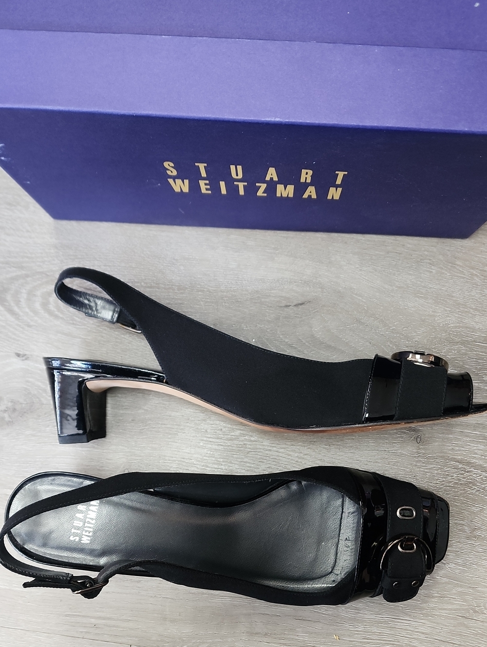 Stuart Weitzman Black Patent & Fabric Slingback Kitten Heel Mules